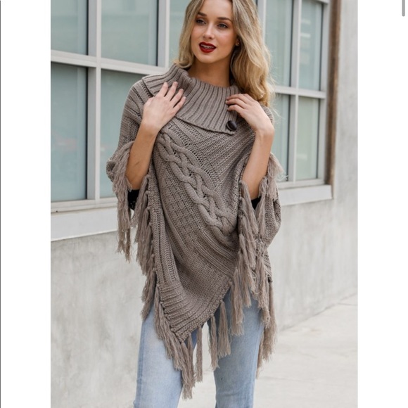 CONLEIGH-High Neck Fringe Sweater Poncho - Picture 4 of 7